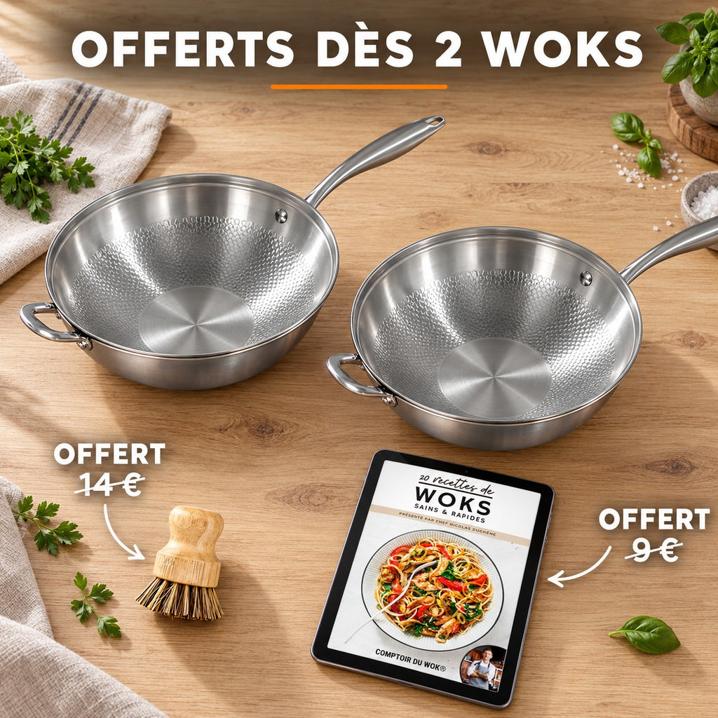 Wok inox martelé, OFFERTS DÈS 2 WOKS · OFFERT · 14 € · OFFERT · 9 €