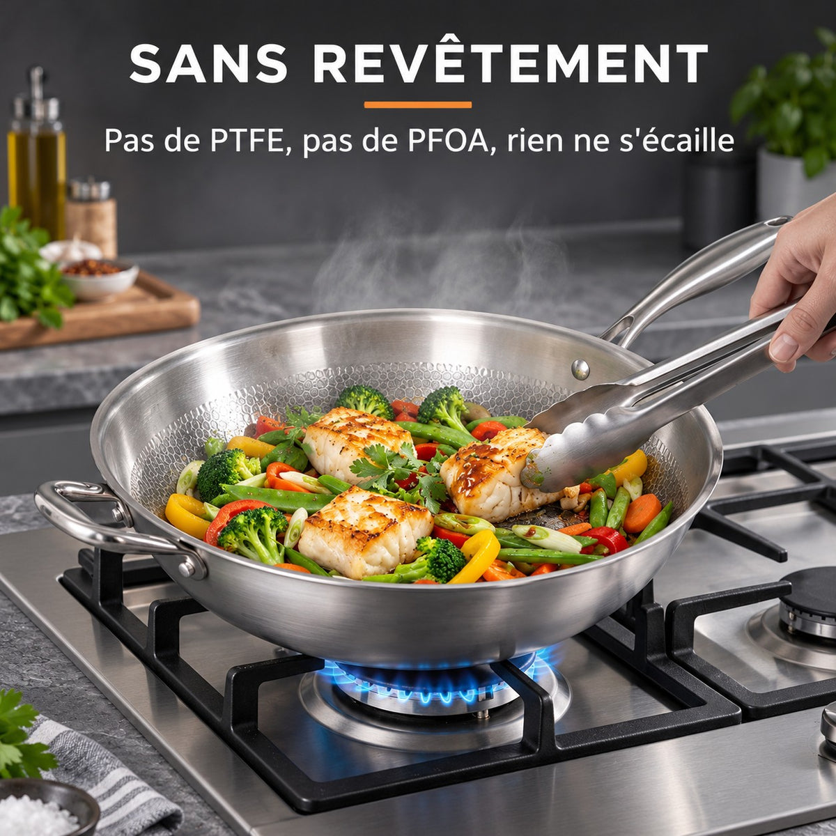 Wok inox martelé, SANS REVÊTEMENT : Pas de PTFE, pas de PFOA, rien ne s'écaille