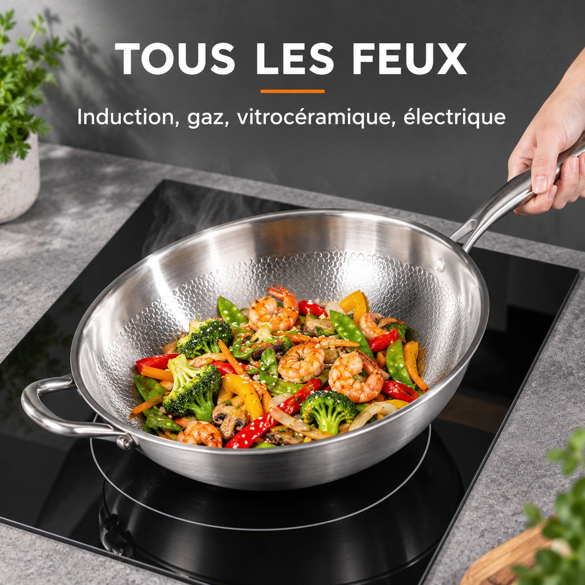 Wok inox martelé, TOUS LES FEUX : Induction, gaz, vitrocéramique, électrique Image
