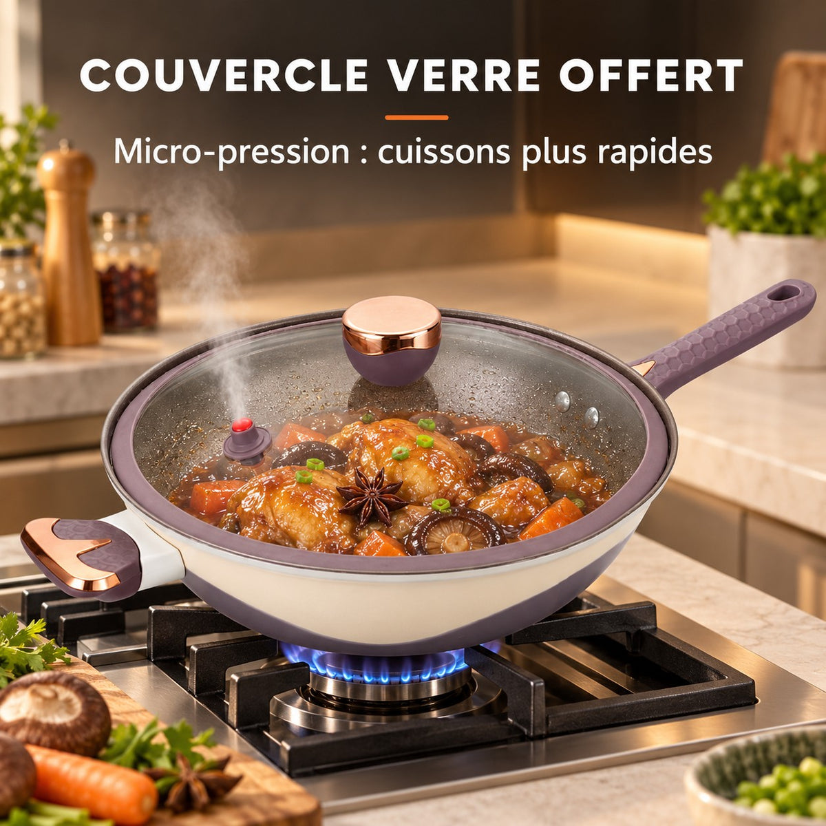 Wok multifonctionnel antiadhésif, COUVERCLE VERRE OFFERT : Micro-pression : cuissons plus rapides