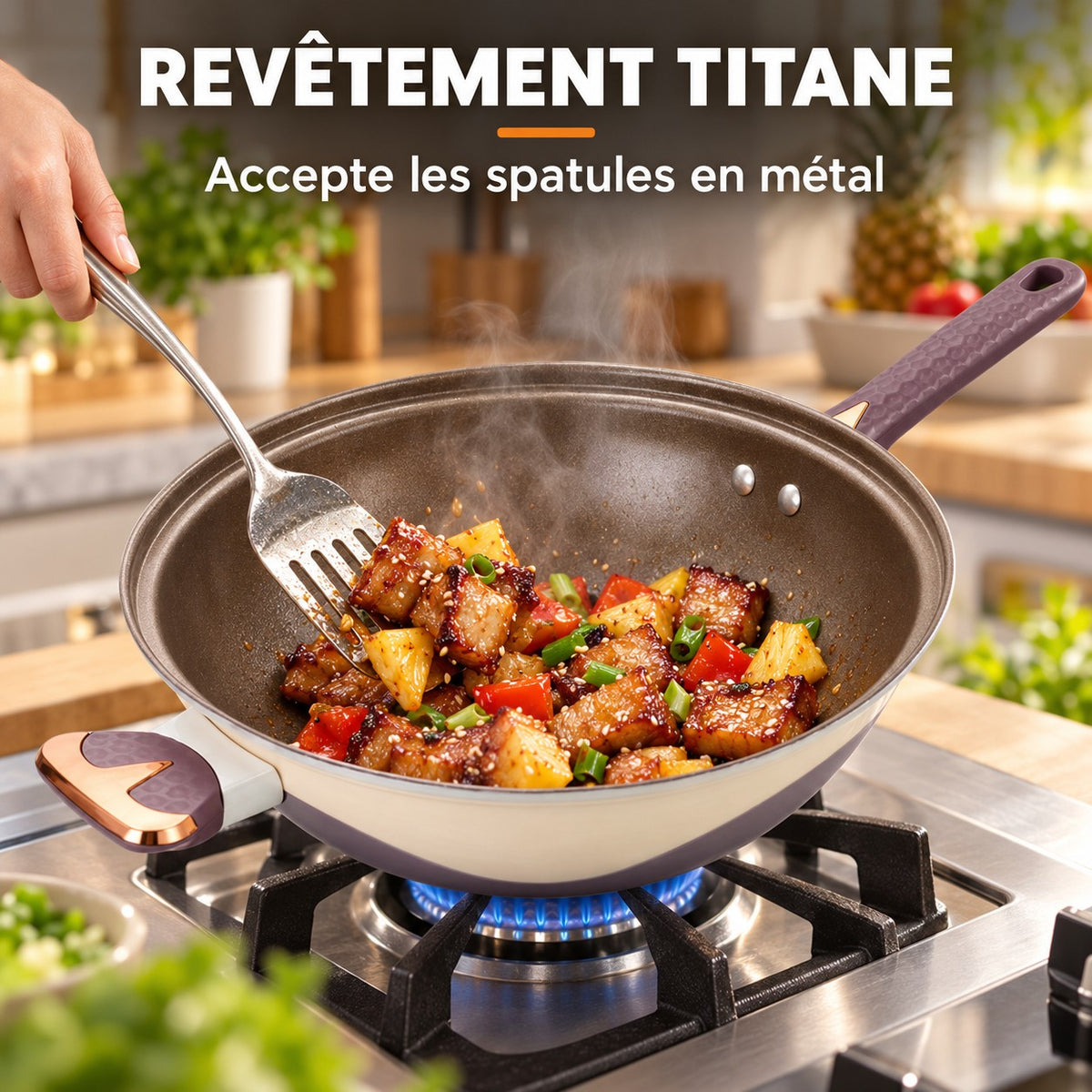 Wok multifonctionnel antiadhésif, REVÊTEMENT TITANE : Accepte les spatules en métal