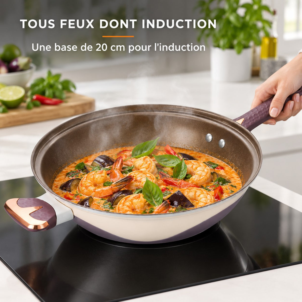 Wok multifonctionnel antiadhésif, TOUS FEUX DONT INDUCTION : Une base de 20 cm pour l'induction