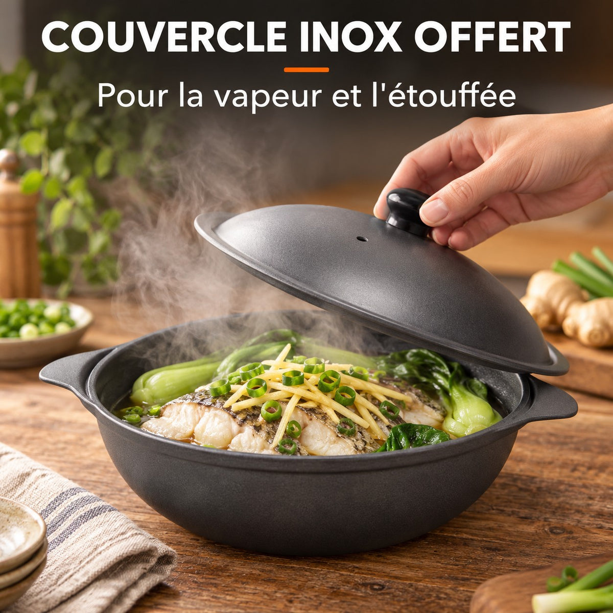 Le Maisan Wok Cuisson Barbecue, COUVERCLE INOX OFFERT : Pour la vapeur et l'étouffée