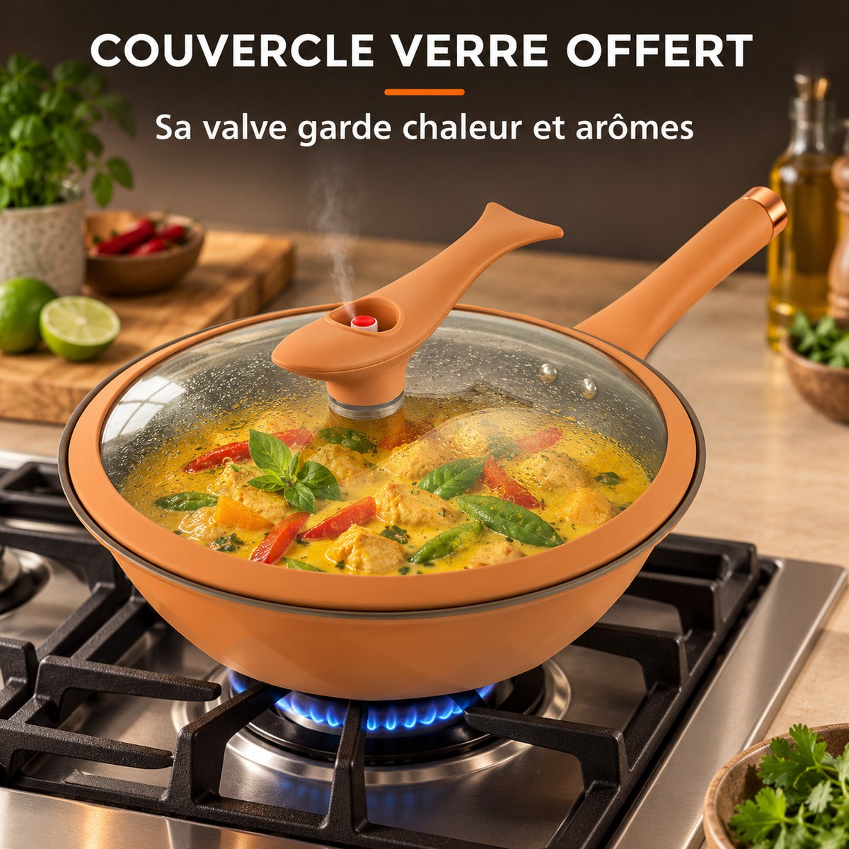 Wok qualité professionnelle, COUVERCLE VERRE OFFERT : Sa valve garde chaleur et arômes