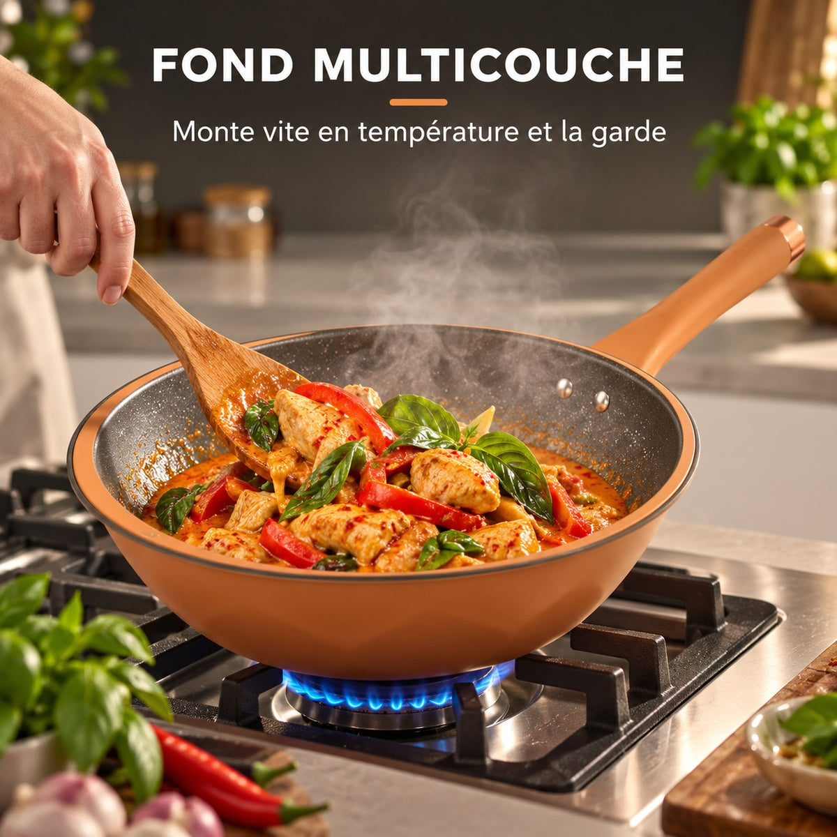Wok qualité professionnelle, FOND MULTICOUCHE : Monte vite en température et la garde