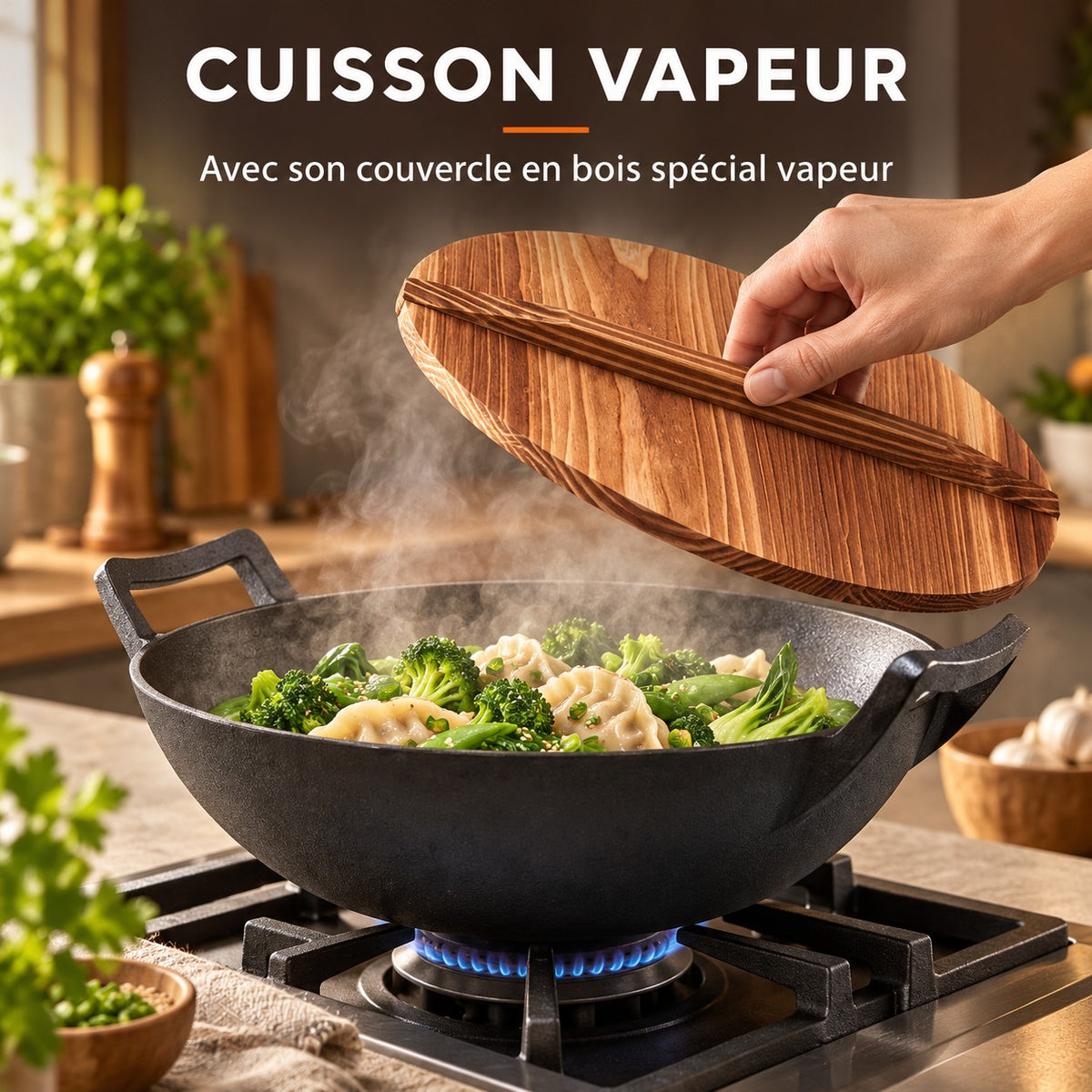 Le Tekari Wok sans Manche, CUISSON VAPEUR : Avec son couvercle en bois spécial vapeur