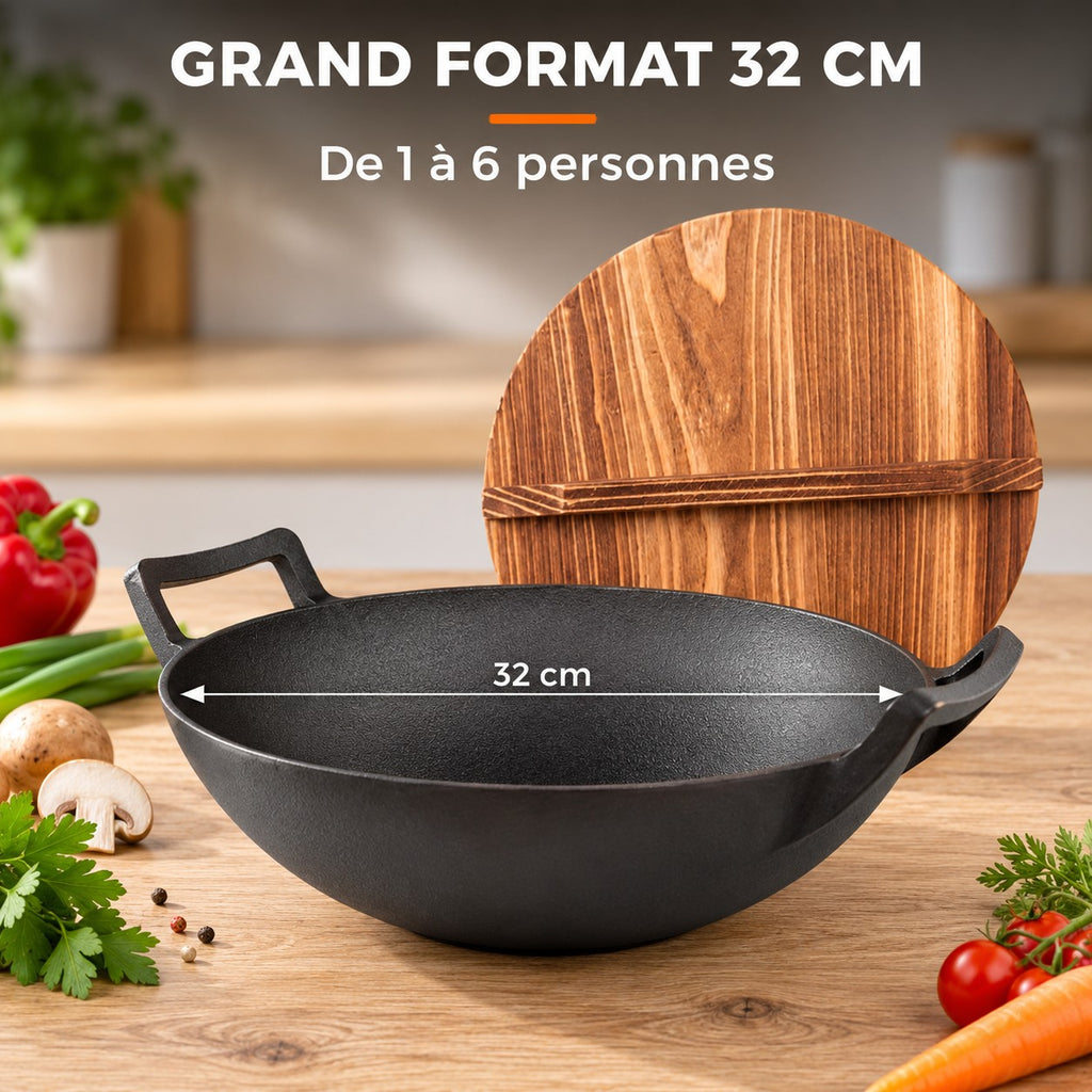 Le Tekari Wok sans Manche, GRAND FORMAT 32 CM : De 1 à 6 personnes