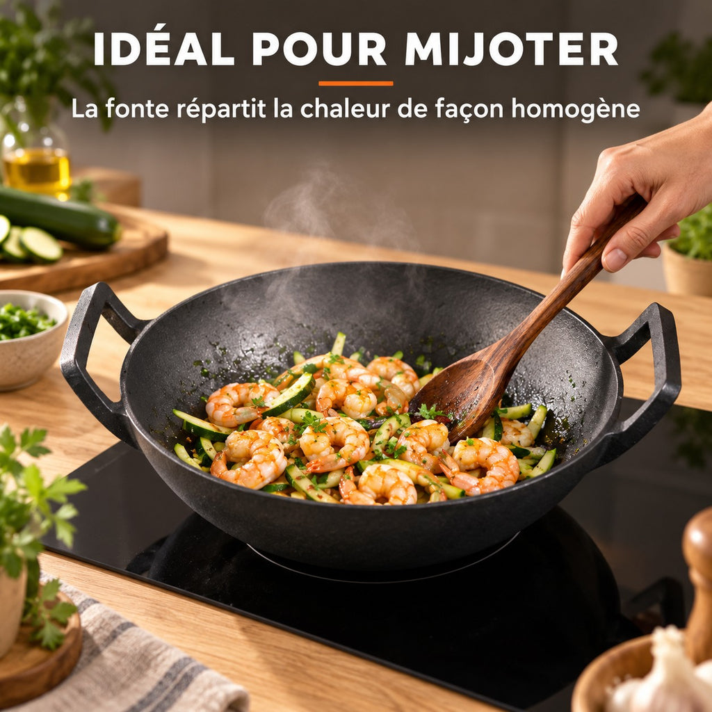Le Tekari Wok sans Manche, IDÉAL POUR MIJOTER : La fonte répartit la chaleur de façon homogène