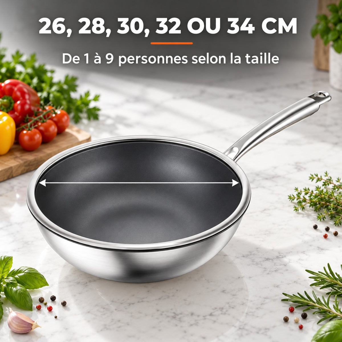 Wok titane, 26, 28, 30, 32 OU 34 CM : De 1 à 9 personnes selon la taille
