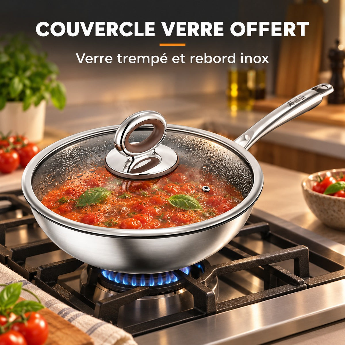 Wok titane, COUVERCLE VERRE OFFERT : Verre trempé et rebord inox