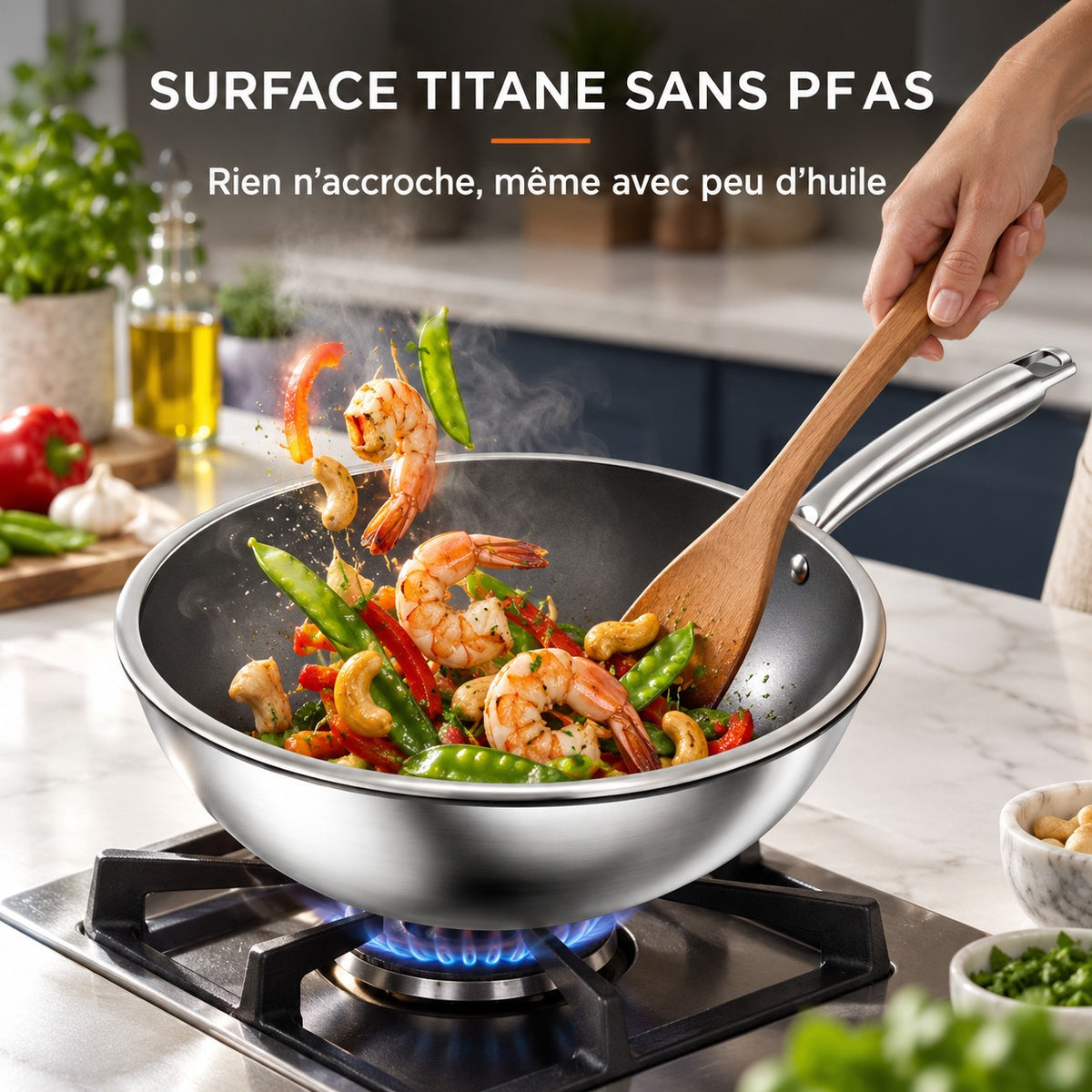 Wok titane, SURFACE TITANE SANS PFAS : Rien n'accroche, même avec peu d'huile