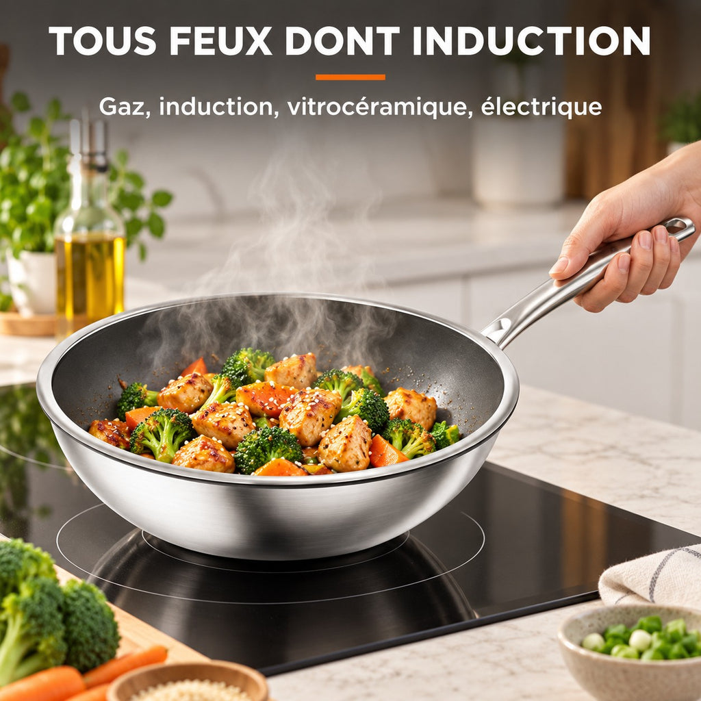 Wok titane, TOUS FEUX DONT INDUCTION : Gaz, induction, vitrocéramique, électrique