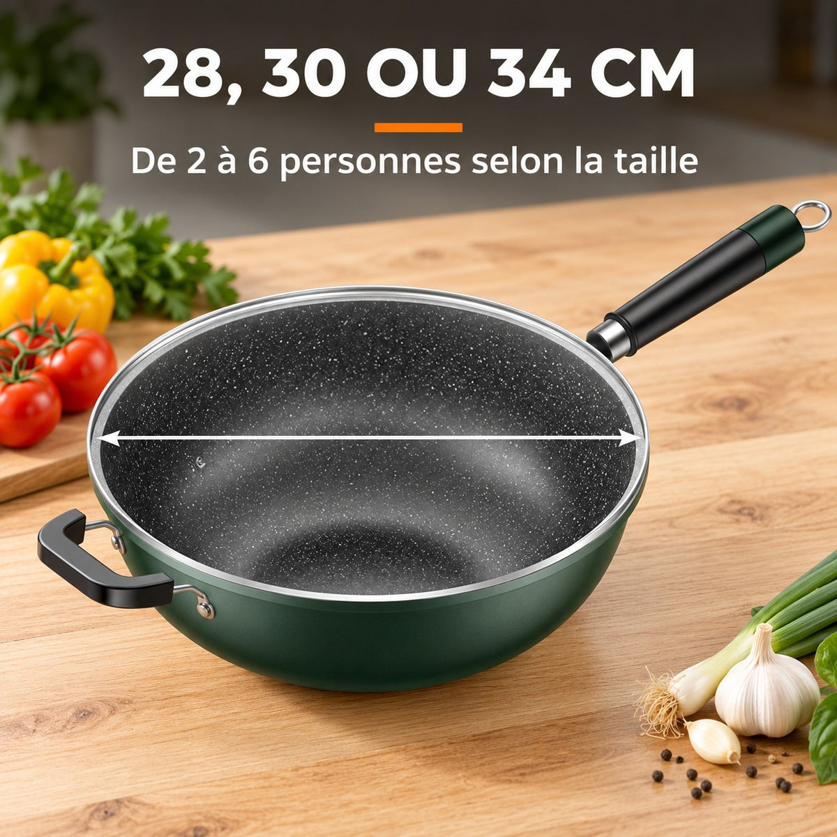 Wok vert foncé, 28, 30 OU 34 CM : De 2 à 6 personnes selon la taille