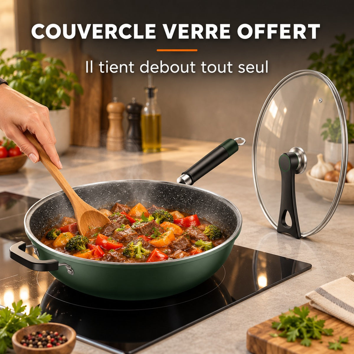 Wok vert foncé, COUVERCLE VERRE OFFERT : Il tient debout tout seul