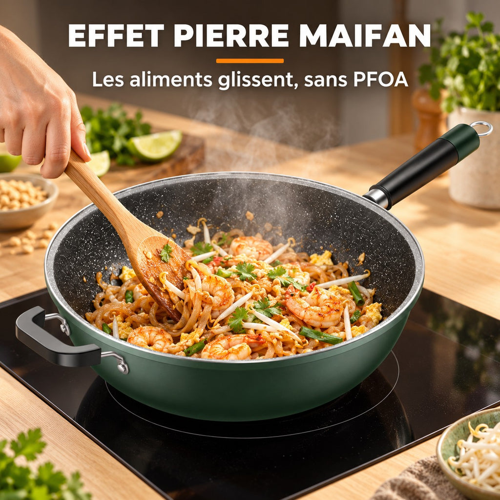 Wok vert foncé, EFFET PIERRE MAIFAN : Les aliments glissent, sans PFOA