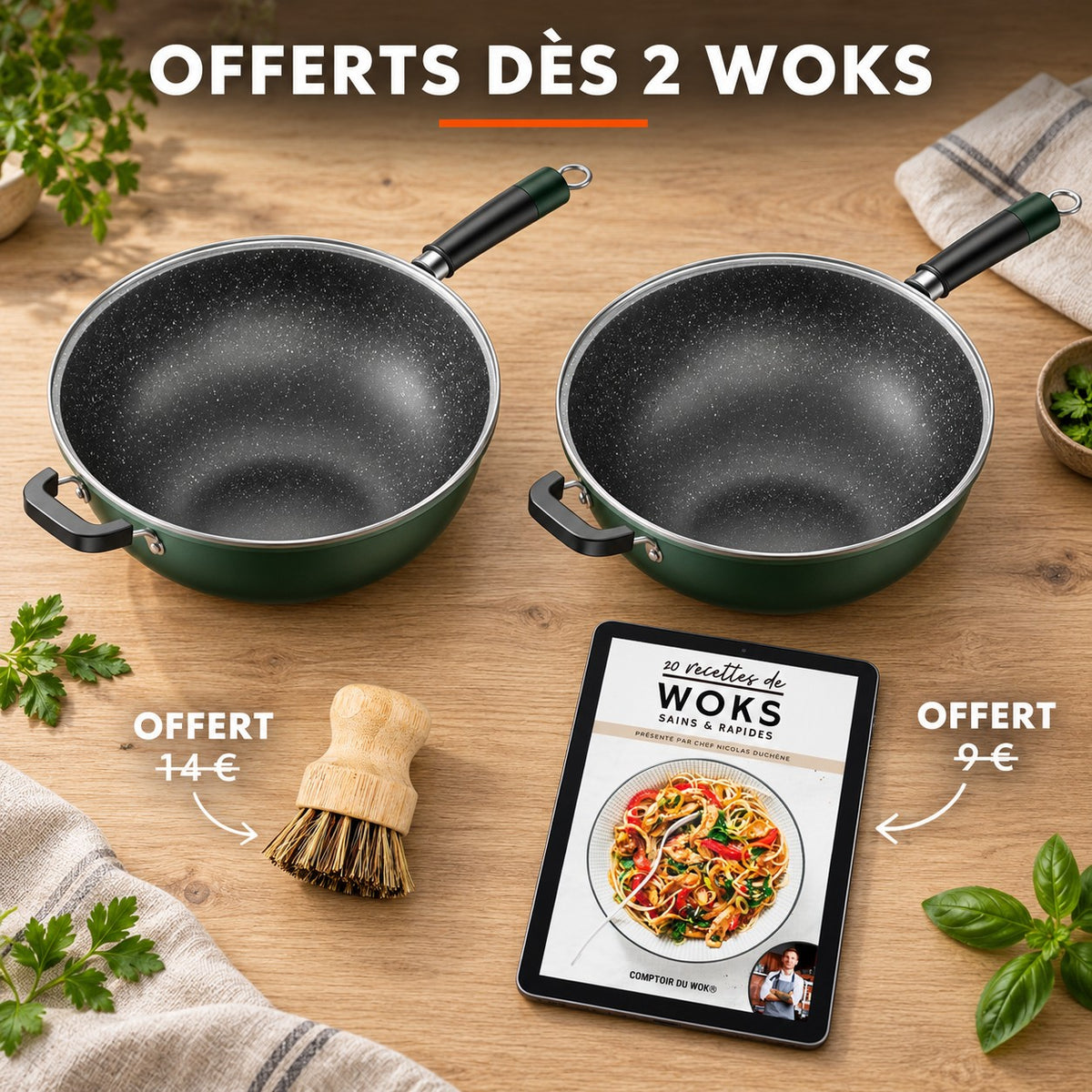 Wok vert foncé, OFFERTS DÈS 2 WOKS · OFFERT · 14 € · OFFERT · 9 €