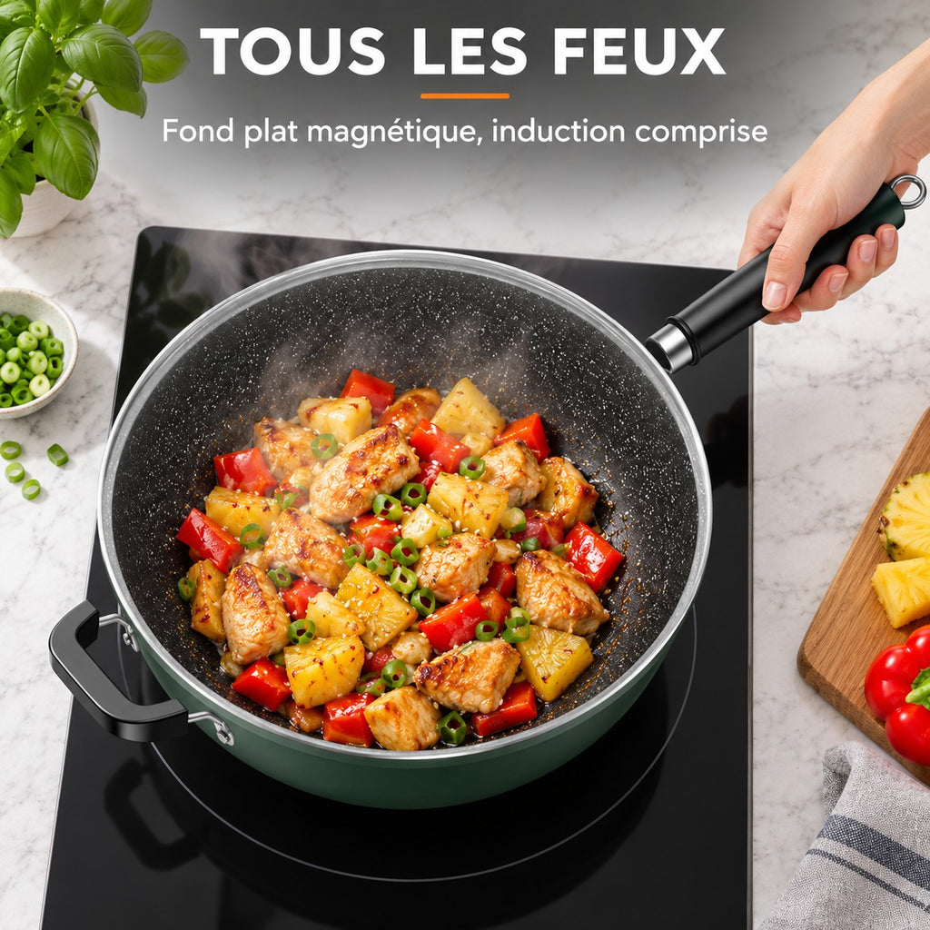 Wok vert foncé, TOUS LES FEUX : Fond plat magnétique, induction comprise