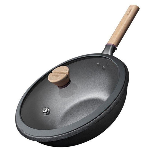 NutriChef Wok de cuisson pré-assaisonné en fonte avec couvercle en bois  (lot de 2) 