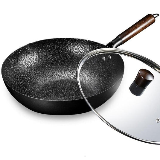 NutriChef Wok de cuisson pré-assaisonné en fonte avec couvercle en bois  (lot de 2) 