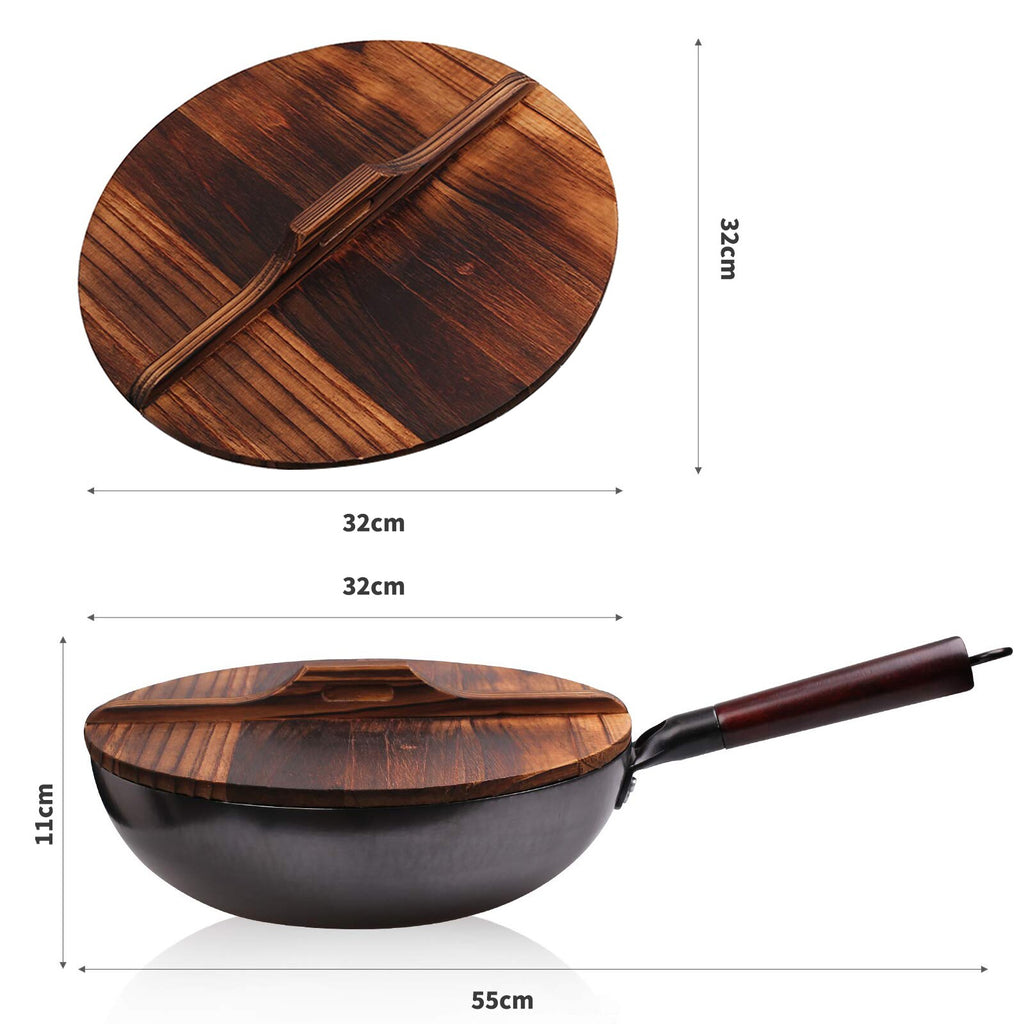 Wok japonais en acier au carbone avec couvercle en bois et manche long