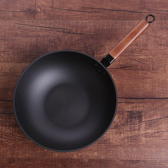 Wok Fond Plat et Manche Taillé en Bois